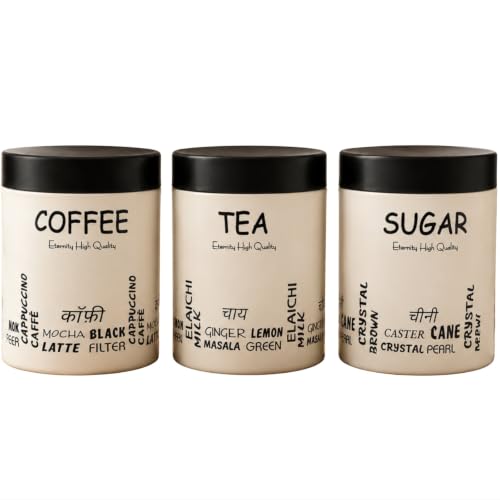 Stainless Steel Containers (750mlx3pcs), Scratch proof, Kitchen Canister Set, Aesthetic Kitchen decorative, Tea Coffee Sugar Containers, Epoxy coated (Ivory Color)
