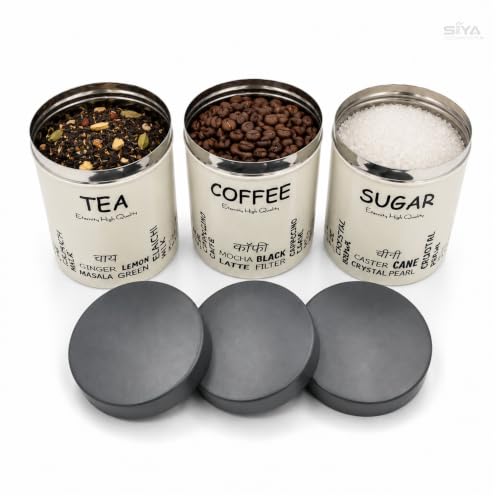 Stainless Steel Containers (750mlx3pcs), Scratch proof, Kitchen Canister Set, Aesthetic Kitchen decorative, Tea Coffee Sugar Containers, Epoxy coated (Ivory Color)