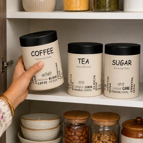 Stainless Steel Containers (750mlx3pcs), Scratch proof, Kitchen Canister Set, Aesthetic Kitchen decorative, Tea Coffee Sugar Containers, Epoxy coated (Ivory Color)