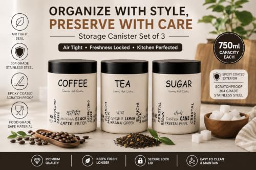 Stainless Steel Containers (750mlx3pcs), Scratch proof, Kitchen Canister Set, Aesthetic Kitchen decorative, Tea Coffee Sugar Containers, Epoxy coated (Ivory Color)