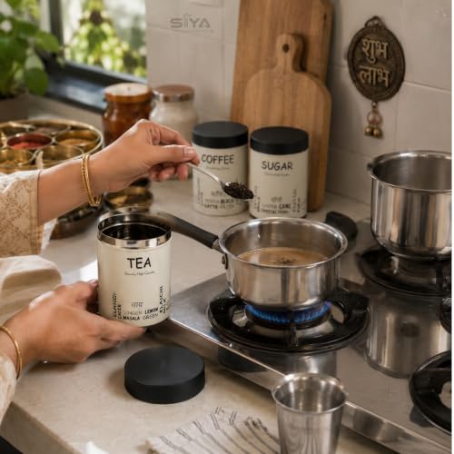 Stainless Steel Containers (750mlx3pcs), Scratch proof, Kitchen Canister Set, Aesthetic Kitchen decorative, Tea Coffee Sugar Containers, Epoxy coated (Ivory Color)