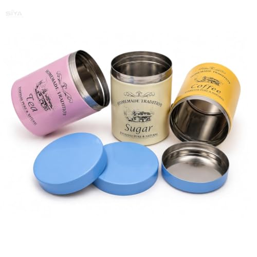 Stainless Steel Containers (750mlx3pcs), Scratch proof, Kitchen Canister Set, Aesthetic Kitchen decorative, Tea Coffee Sugar Containers, Epoxy coated (Radient Colors)