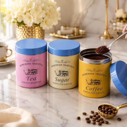 Stainless Steel Containers (750mlx3pcs), Scratch proof, Kitchen Canister Set, Aesthetic Kitchen decorative, Tea Coffee Sugar Containers, Epoxy coated (Radient Colors)