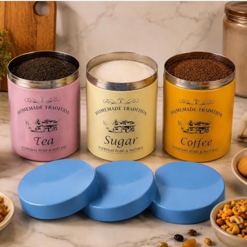 Stainless Steel Containers (750mlx3pcs), Scratch proof, Kitchen Canister Set, Aesthetic Kitchen decorative, Tea Coffee Sugar Containers, Epoxy coated (Radient Colors)