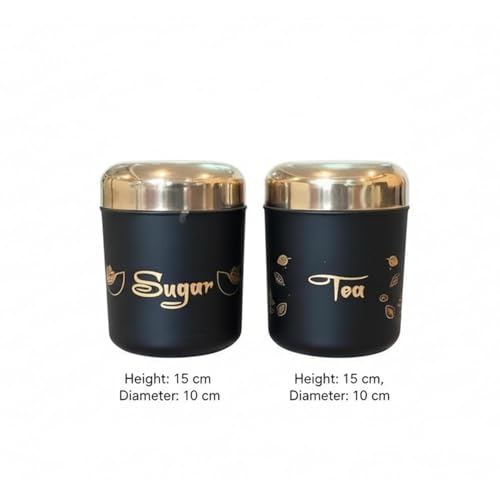 Multipurpose Stainless Steel Tea Sugar Jar Set (500ml each), Premium Tea Sugar Containers, Airtight Kitchen Canisters, Dishwash Safe  Epoxy Coated (Black Finishing)