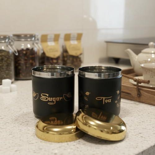 Multipurpose Stainless Steel Tea Sugar Jar Set (500ml each), Premium Tea Sugar Containers, Airtight Kitchen Canisters, Dishwash Safe  Epoxy Coated (Black Finishing)