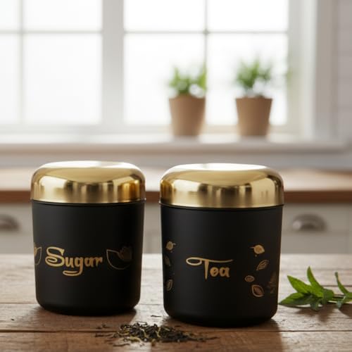 Multipurpose Stainless Steel Tea Sugar Jar Set (500ml each), Premium Tea Sugar Containers, Airtight Kitchen Canisters, Dishwash Safe  Epoxy Coated (Black Finishing)