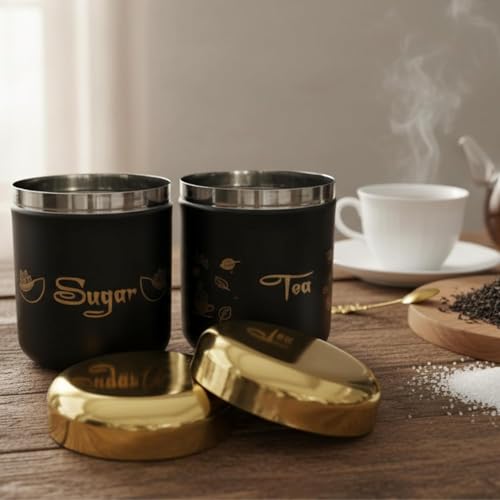 Multipurpose Stainless Steel Tea Sugar Jar Set (500ml each), Premium Tea Sugar Containers, Airtight Kitchen Canisters, Dishwash Safe  Epoxy Coated (Black Finishing)