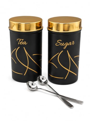 Multipurpose Stainless Steel Tea Sugar Jar Set (800ml each), Premium Tea Sugar Containers, Airtight Kitchen Canisters, Dishwash Safe  Epoxy Coated (Black Finishing)