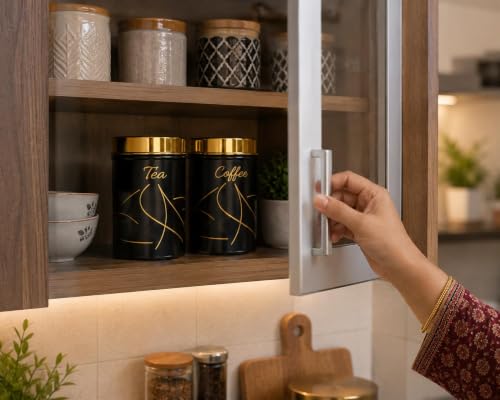 Multipurpose Stainless Steel Tea Sugar Jar Set (800ml each), Premium Tea Sugar Containers, Airtight Kitchen Canisters, Dishwash Safe  Epoxy Coated (Black Finishing)