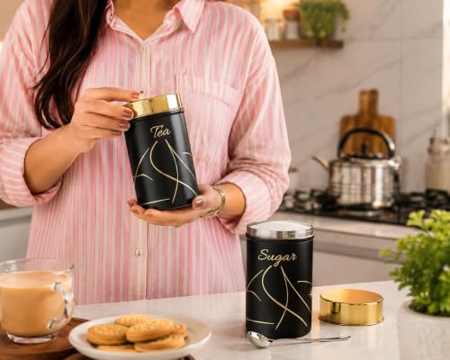 Multipurpose Stainless Steel Tea Sugar Jar Set (800ml each), Premium Tea Sugar Containers, Airtight Kitchen Canisters, Dishwash Safe  Epoxy Coated (Black Finishing)
