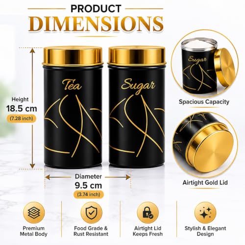 Multipurpose Stainless Steel Tea Sugar Jar Set (800ml each), Premium Tea Sugar Containers, Airtight Kitchen Canisters, Dishwash Safe  Epoxy Coated (Black Finishing)