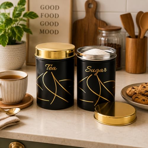 Multipurpose Stainless Steel Tea Sugar Jar Set (800ml each), Premium Tea Sugar Containers, Airtight Kitchen Canisters, Dishwash Safe  Epoxy Coated (Black Finishing)