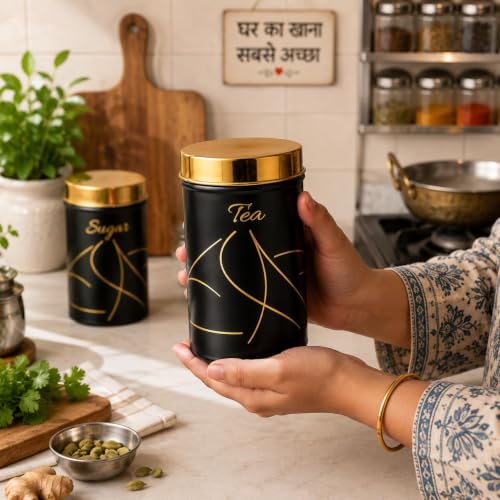 Multipurpose Stainless Steel Tea Sugar Jar Set (800ml each), Premium Tea Sugar Containers, Airtight Kitchen Canisters, Dishwash Safe  Epoxy Coated (Black Finishing)