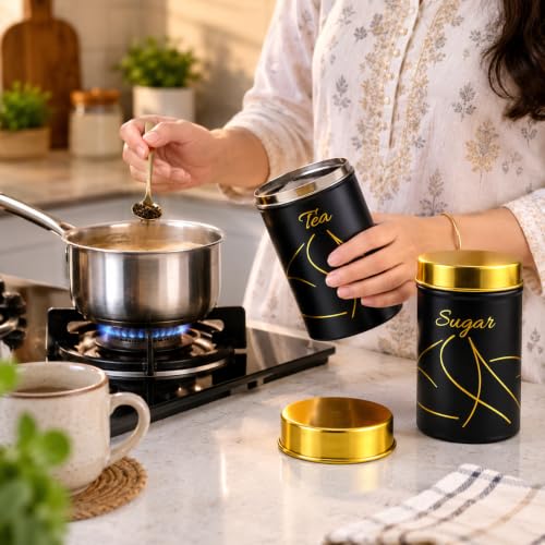 Multipurpose Stainless Steel Tea Sugar Jar Set (800ml each), Premium Tea Sugar Containers, Airtight Kitchen Canisters, Dishwash Safe  Epoxy Coated (Black Finishing)