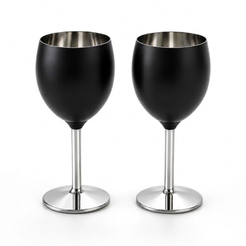Stainless Steel Wine Glasses, Set of 2, Luxurious Matt Black, Unbreakable Stemmed Metal Goblets, Ideal for Return and Wedding Gifts, 100% Food Grade Steel Goblet, Party Drinkware (Black)