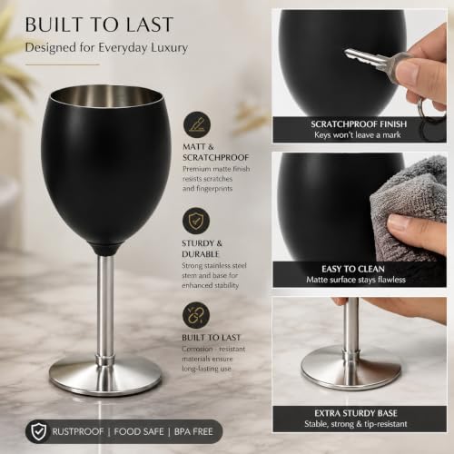 Stainless Steel Wine Glasses, Set of 2, Luxurious Matt Black, Unbreakable Stemmed Metal Goblets, Ideal for Return and Wedding Gifts, 100% Food Grade Steel Goblet, Party Drinkware (Black)