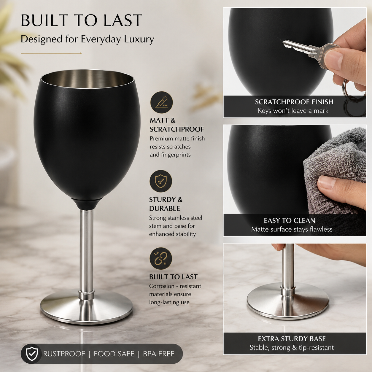 Stainless Steel Wine Glasses, Set of 4, Luxurious Matt Black, Unbreakable Stemmed Metal Goblets, Ideal for Return and Wedding Gifts, 100% Food Grade Steel Goblet, Party Drinkware (Black)