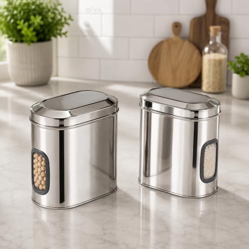 Stainless Steel Window Containers for kitchen, Iconic Capsule Shape, Multipurpose Food Storage Jar, 1500ml x 3pcs