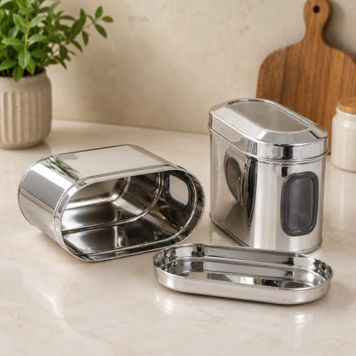 Stainless Steel Window Containers for kitchen, Iconic Capsule Shape, Multipurpose Food Storage Jar, 1500ml x 3pcs