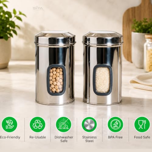 Stainless Steel Window Containers for kitchen, Iconic Capsule Shape, Multipurpose Food Storage Jar, 1500ml x 3pcs