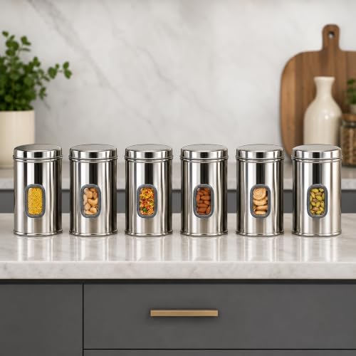 Stainless Steel Window Containers for kitchen, Iconic Capsule Shape, Multipurpose Food Storage Jar, 2000ml x 3pcs