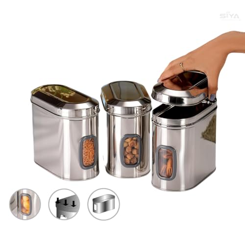 Stainless Steel Window Containers for kitchen, Iconic Capsule Shape, Multipurpose Food Storage Jar, 2000ml x 3pcs