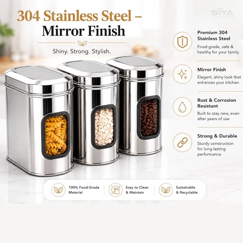 Stainless Steel Window Containers for kitchen, Iconic Capsule Shape, Multipurpose Food Storage Jar, 2000ml x 3pcs