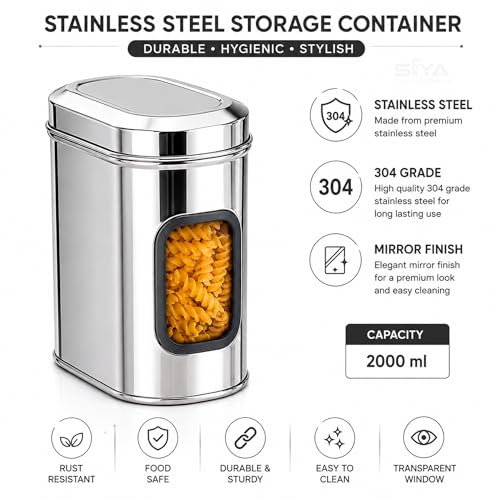 Stainless Steel Window Containers for kitchen, Iconic Capsule Shape, Multipurpose Food Storage Jar, 2000ml x 3pcs