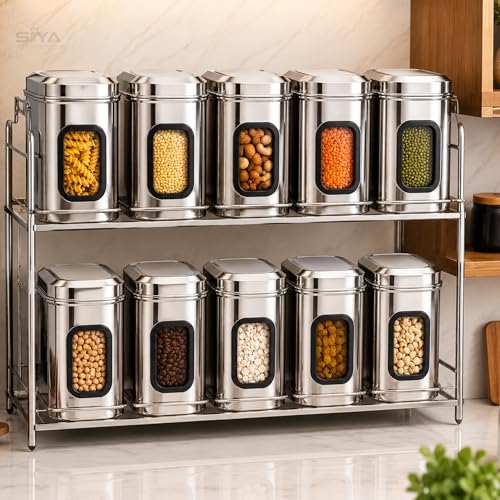 Stainless Steel Window Containers for kitchen, Iconic Capsule Shape, Multipurpose Food Storage Jar, 2000ml x 3pcs