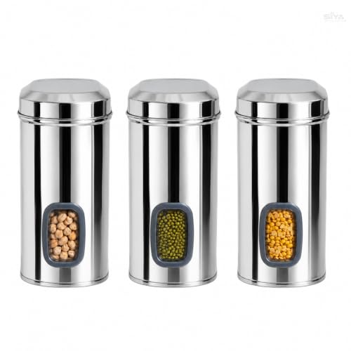 Stainless Steel Window Containers for kitchen, Iconic Capsule Shape, Multipurpose Food Storage Jar, 2500ml x 3pcs