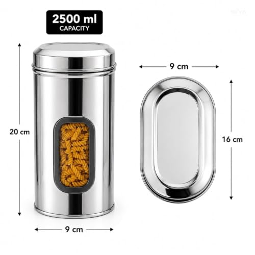 Stainless Steel Window Containers for kitchen, Iconic Capsule Shape, Multipurpose Food Storage Jar, 2500ml x 2pcs