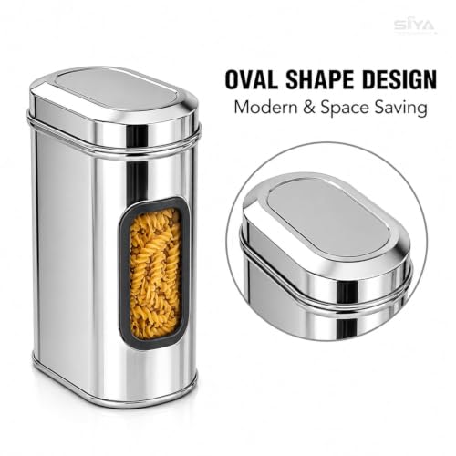 Stainless Steel Window Containers for kitchen, Iconic Capsule Shape, Multipurpose Food Storage Jar, 2500ml x 2pcs