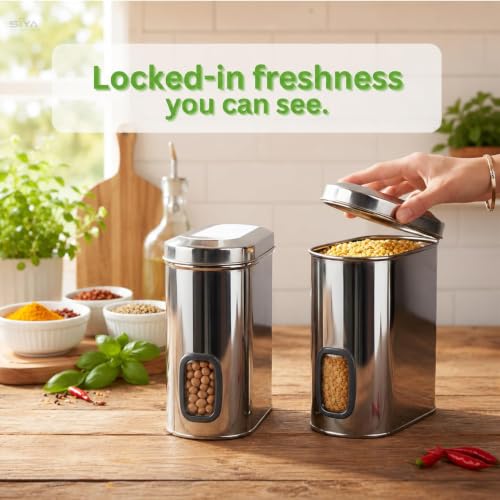 Stainless Steel Window Containers for kitchen, Iconic Capsule Shape, Multipurpose Food Storage Jar, 2500ml x 2pcs