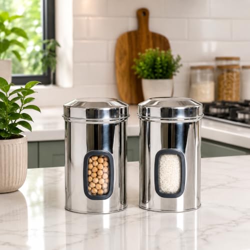 Stainless Steel Window Containers for kitchen, Iconic Capsule Shape, Multipurpose Food Storage Jar, 2000ml x 2pcs