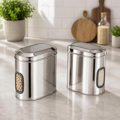Stainless Steel Window Containers for kitchen, Iconic Capsule Shape, Multipurpose Food Storage Jar, 1500ml x 2pcs
