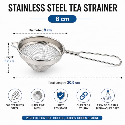 Stainless Steel Tea Strainer Conical Shape (Size 8cm), Stainless Steel Tea Strainer Set,Heavy Duty Chalani, Coffee Strainer, Tea Filter Stainless Steel, Fine Mesh X2pcs
