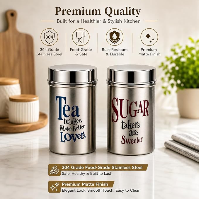 SS Slim Tea Sugar Canister Matt (Letter Printed) Set of 2 (700ml each)