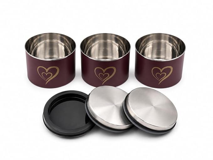 SS Heart Print Epoxy Canister Set of 3, Maroon - 500ml x 3
