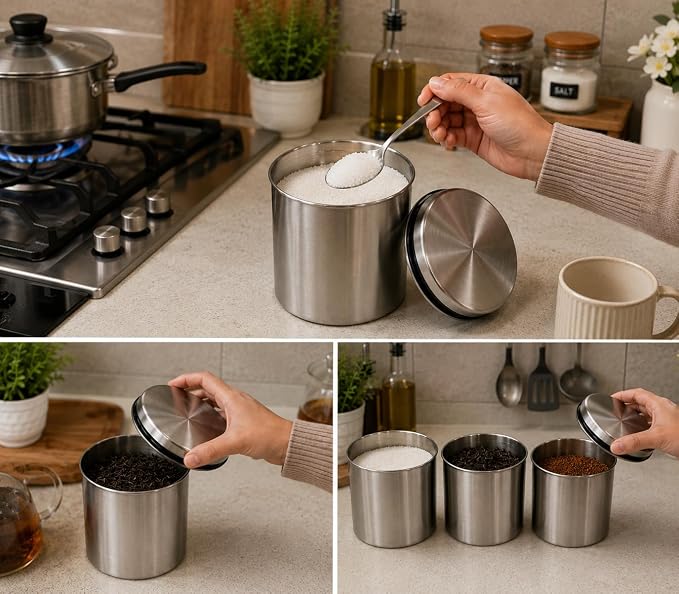 SS Canister Set of 12, Matt Silver - 500ml x4, 650ml x4, 850ml x4