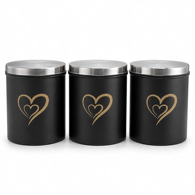 SS Heart Print Epoxy Canister Set of 3, Black - 650ml x 3