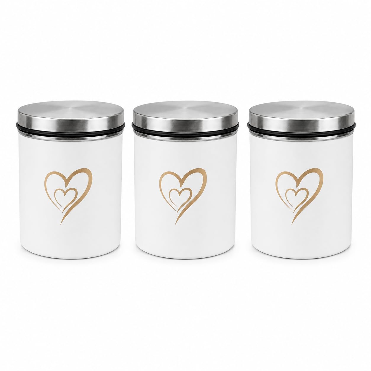 SS Heart Print Epoxy Canister Set of 3, White - 650ml x 3