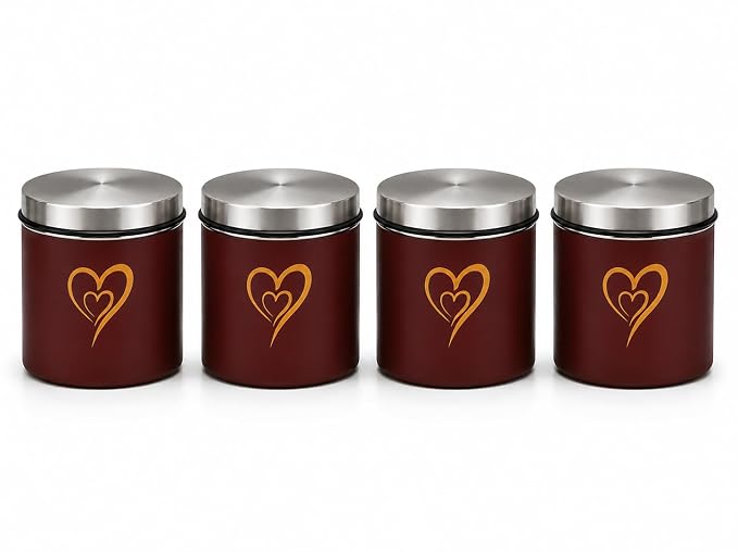 SS Heart Print Epoxy Canister Set of 4, Maroon - 650ml x 4
