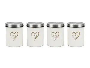 SS Heart Print Epoxy Canister Set of 4, White - 650ml x 4