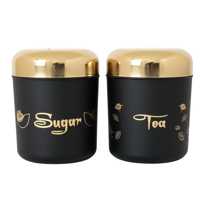 SS TeaSugar Canister Set of 2, 500 ml each - Black & Rose Gold - Matt Finish