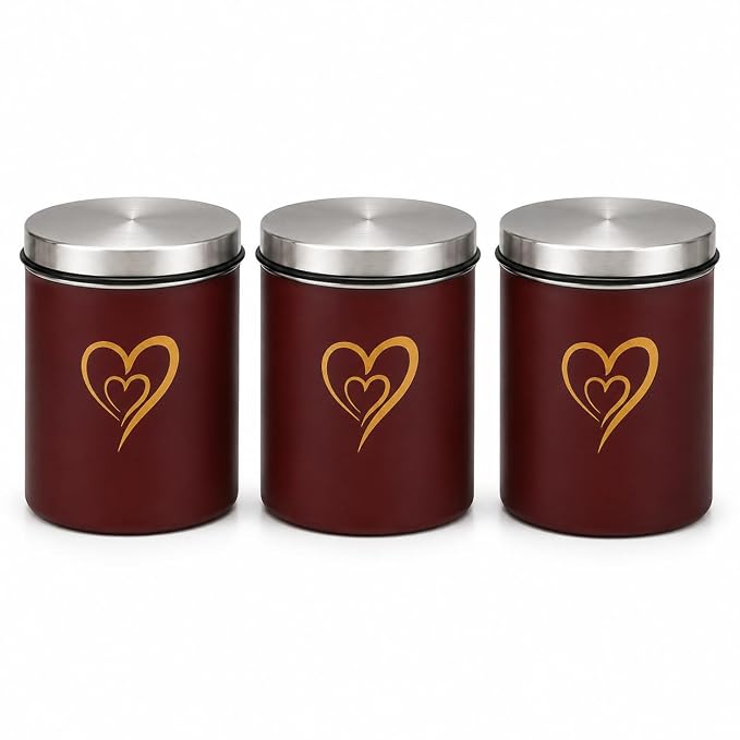 SS Heart Print Epoxy Canister Set of 3, Maroon - 850ml x 3
