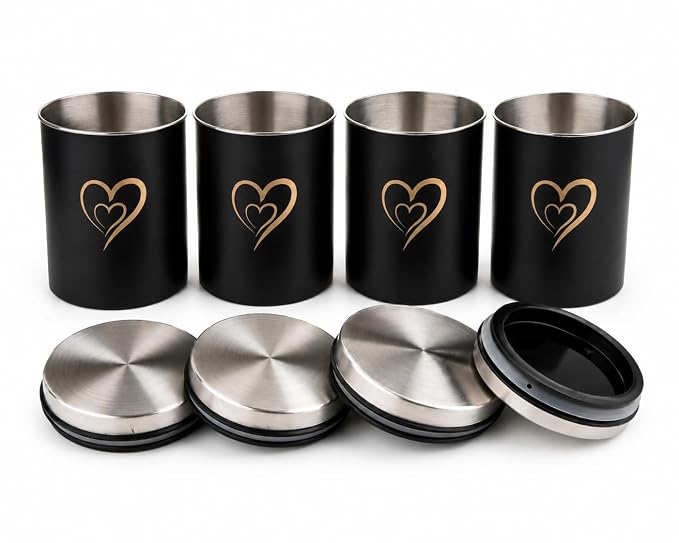 SS Heart Print Epoxy Canister Set of 4, Black - 850ml x 4    